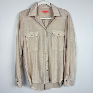 Vilagallo Gold Shimmer Button Up Blouse Womens EU 44 Coastal Long Sleeve Preppy